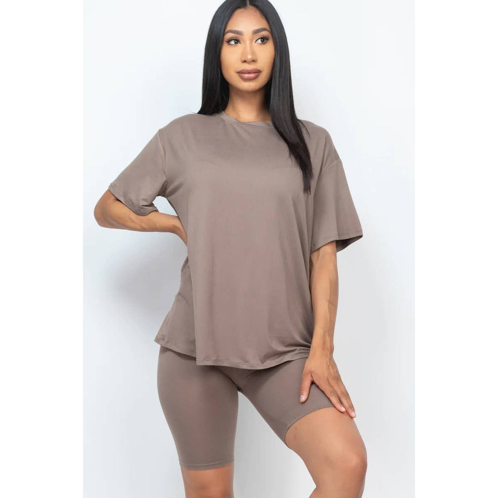 TWO PIECE TOP BIKER SHORTS SET: COFFEE / S-M-L(2-2-2)