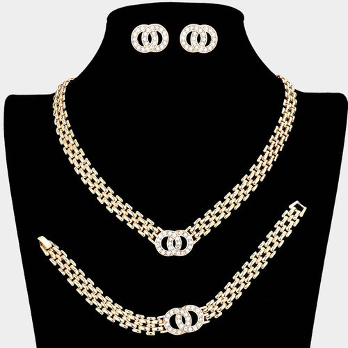 3PCS - Stone Embellished Double Open Circle Link Necklace Jewelry Set: Silver