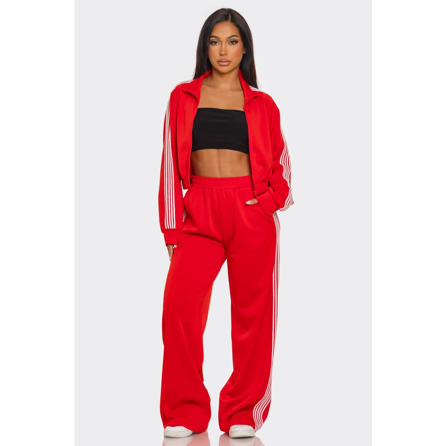 Side Striped Jacket and Track Pants Set: MOCHA / S-M-L(2-2-2)