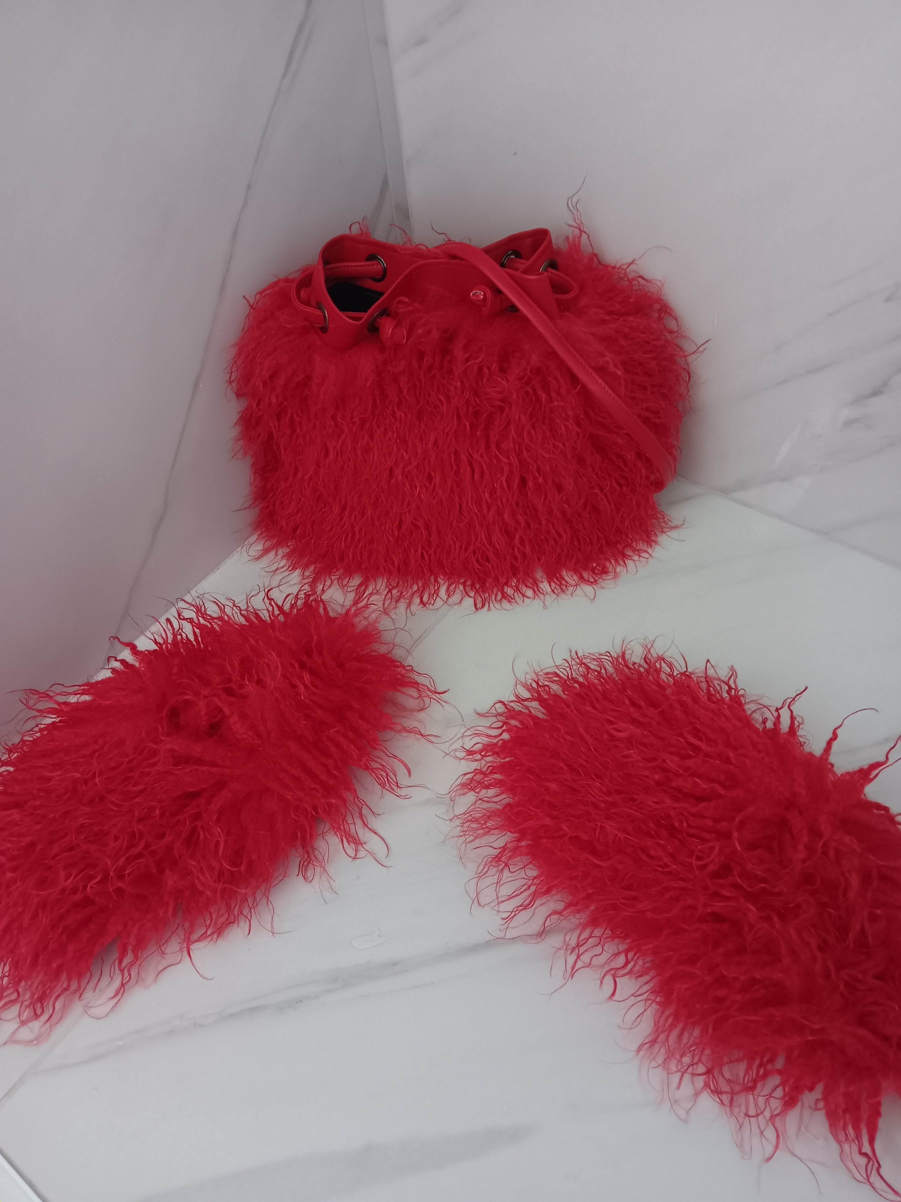 Red Fur slides and matching shoulder Bag