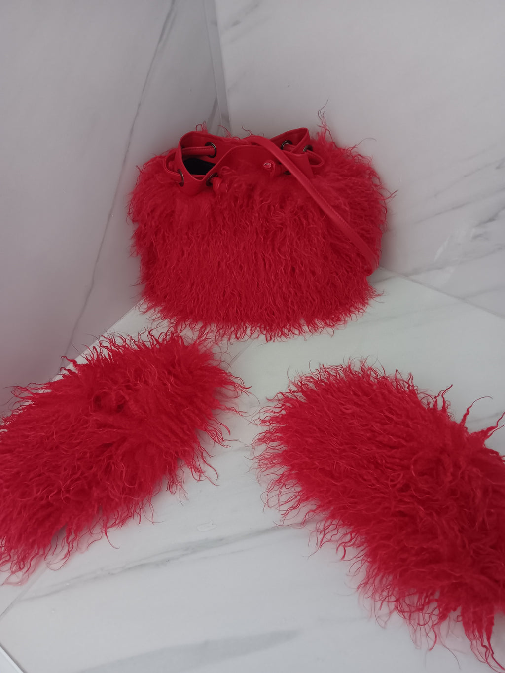 Red Fur slides and matching shoulder Bag