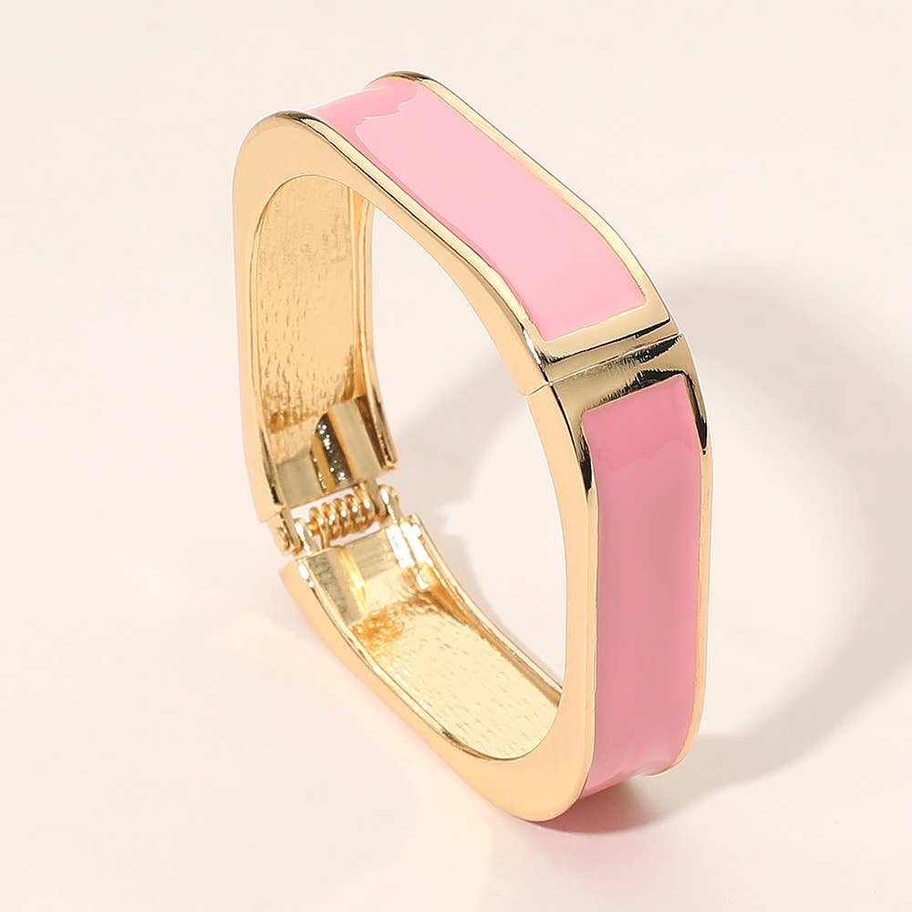 Enamel Inlay Rectangular Hinged Bangle Bracelet: Gold,Pink