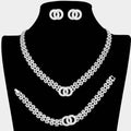 3PCS - Stone Embellished Double Open Circle Link Necklace Jewelry Set: Silver