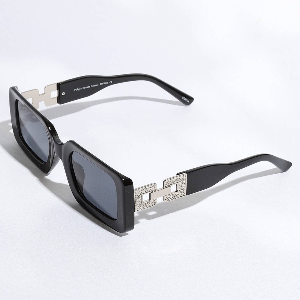 Square Wide Frame Chunky Chain Leg Sunglasses Black