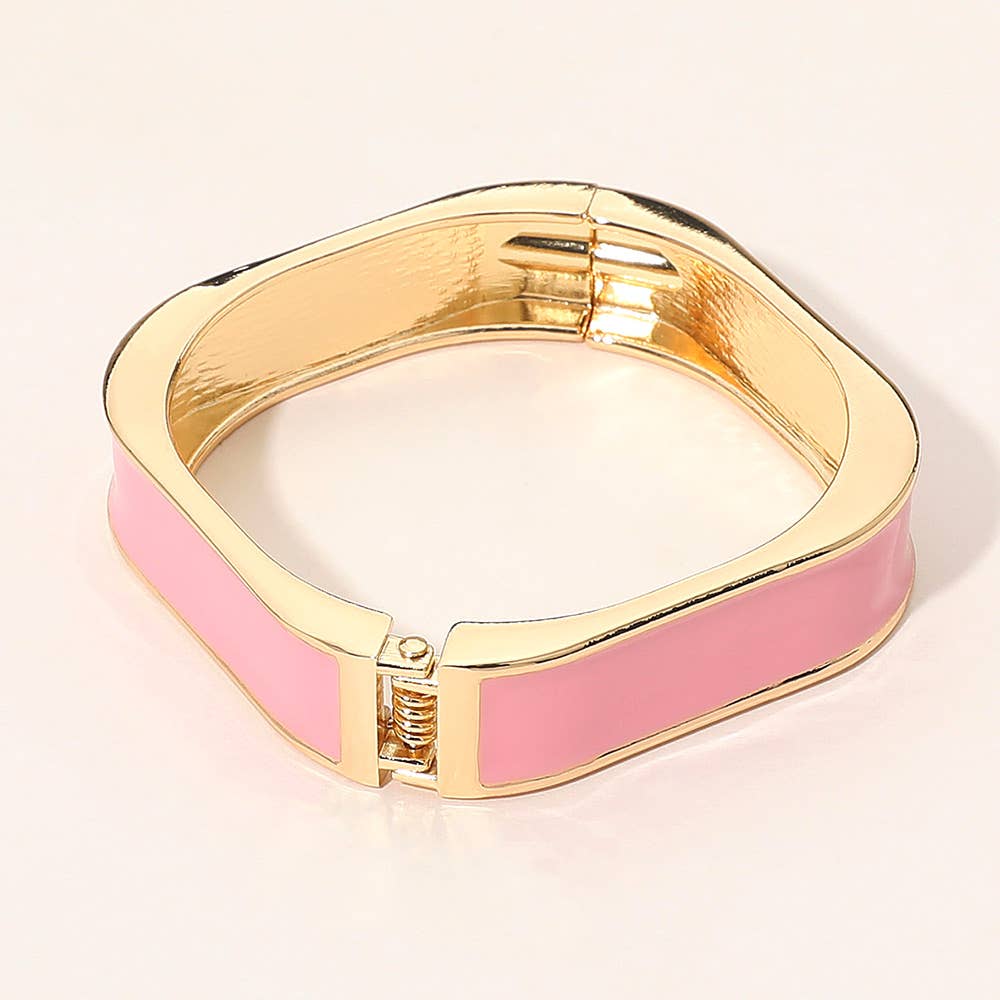 Enamel Inlay Rectangular Hinged Bangle Bracelet: Gold,Pink