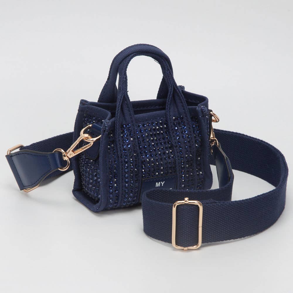 Rhinestone Studded Mini Top Handle Crossbody Bag: Navy