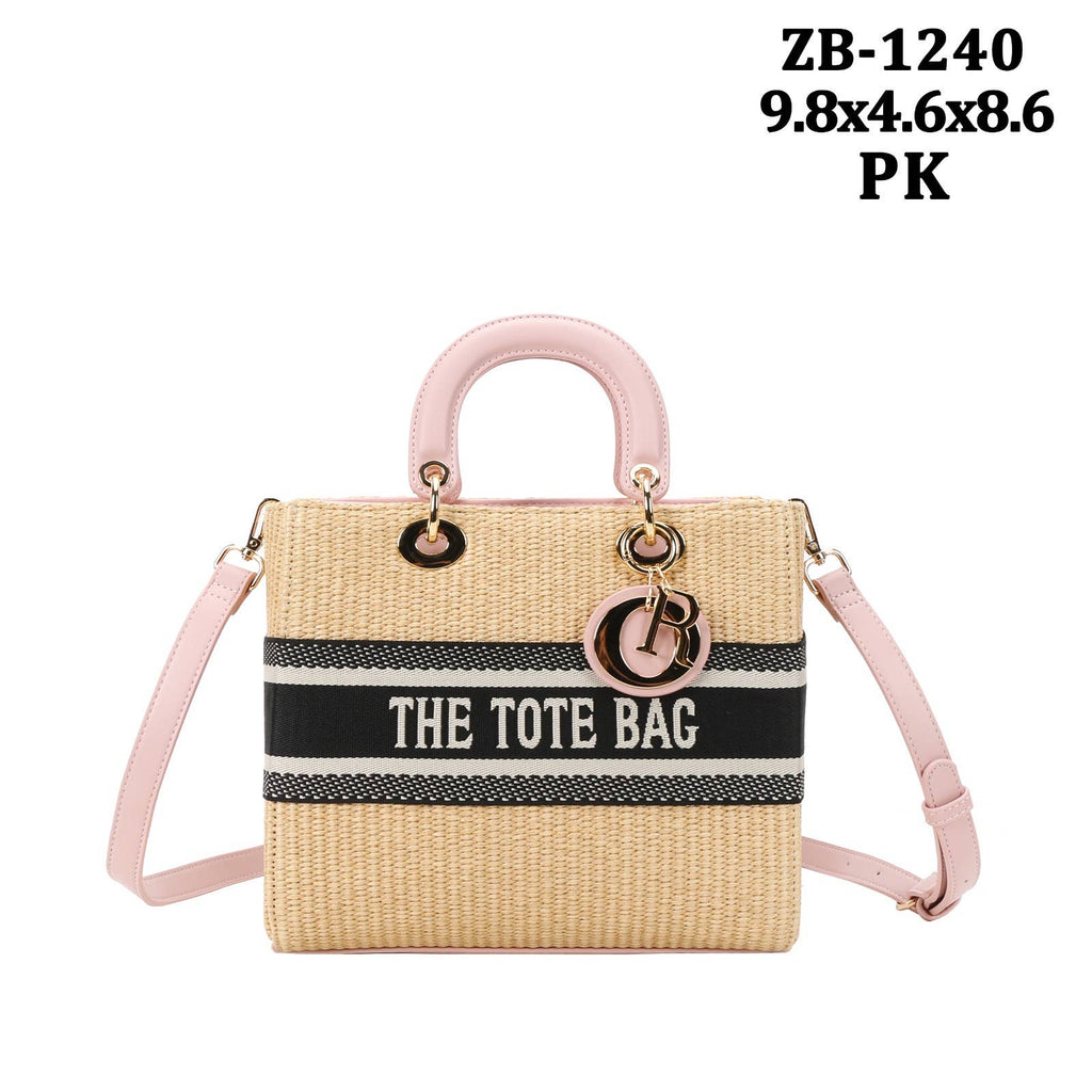 Zb-1240 - Woven Straw Rattan Wicker Square Handle Shoulder B: White