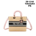 Zb-1240 - Woven Straw Rattan Wicker Square Handle Shoulder B: Pink