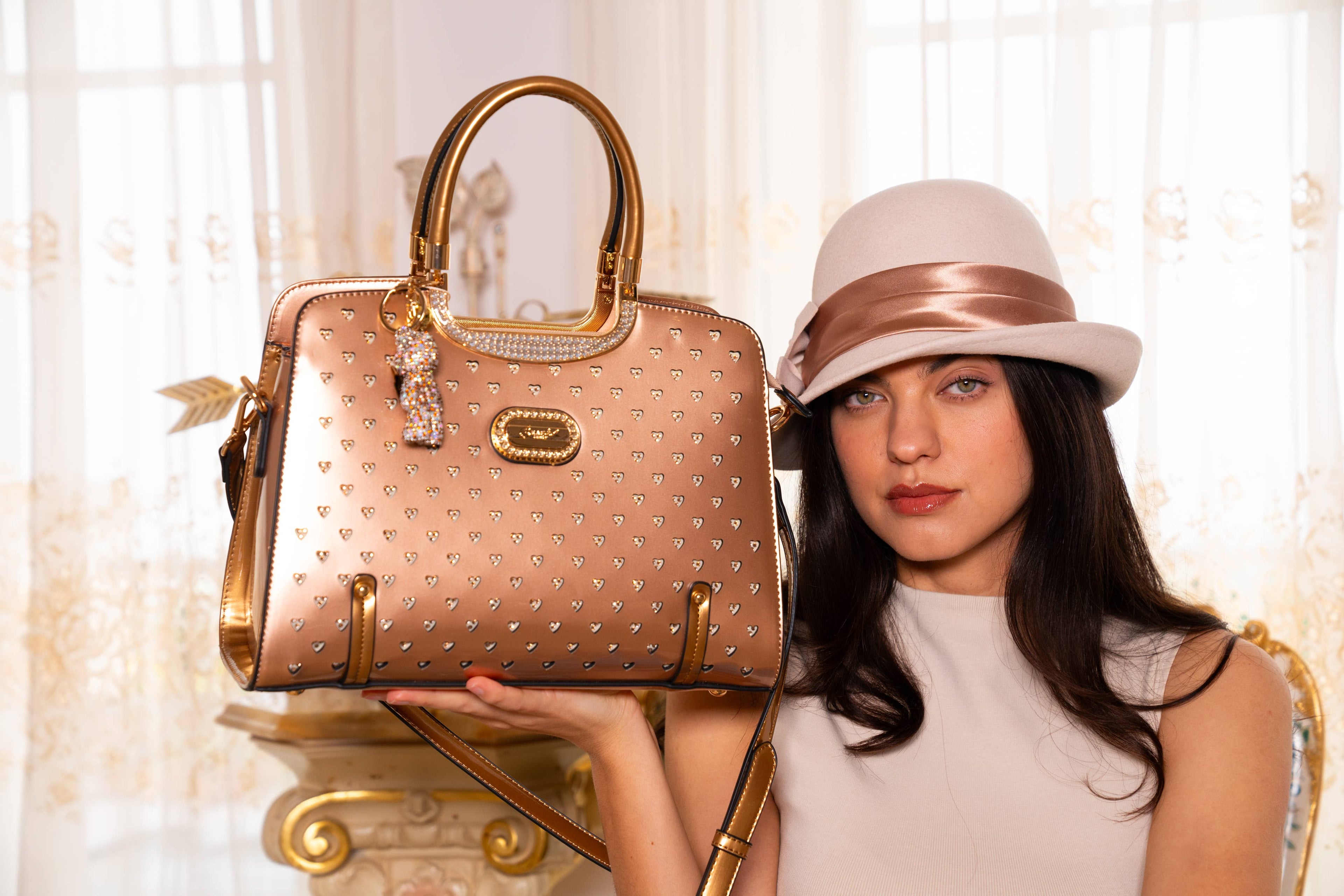 Brangio Italy Luxury Studded Leather Hearts Handbag: Pink