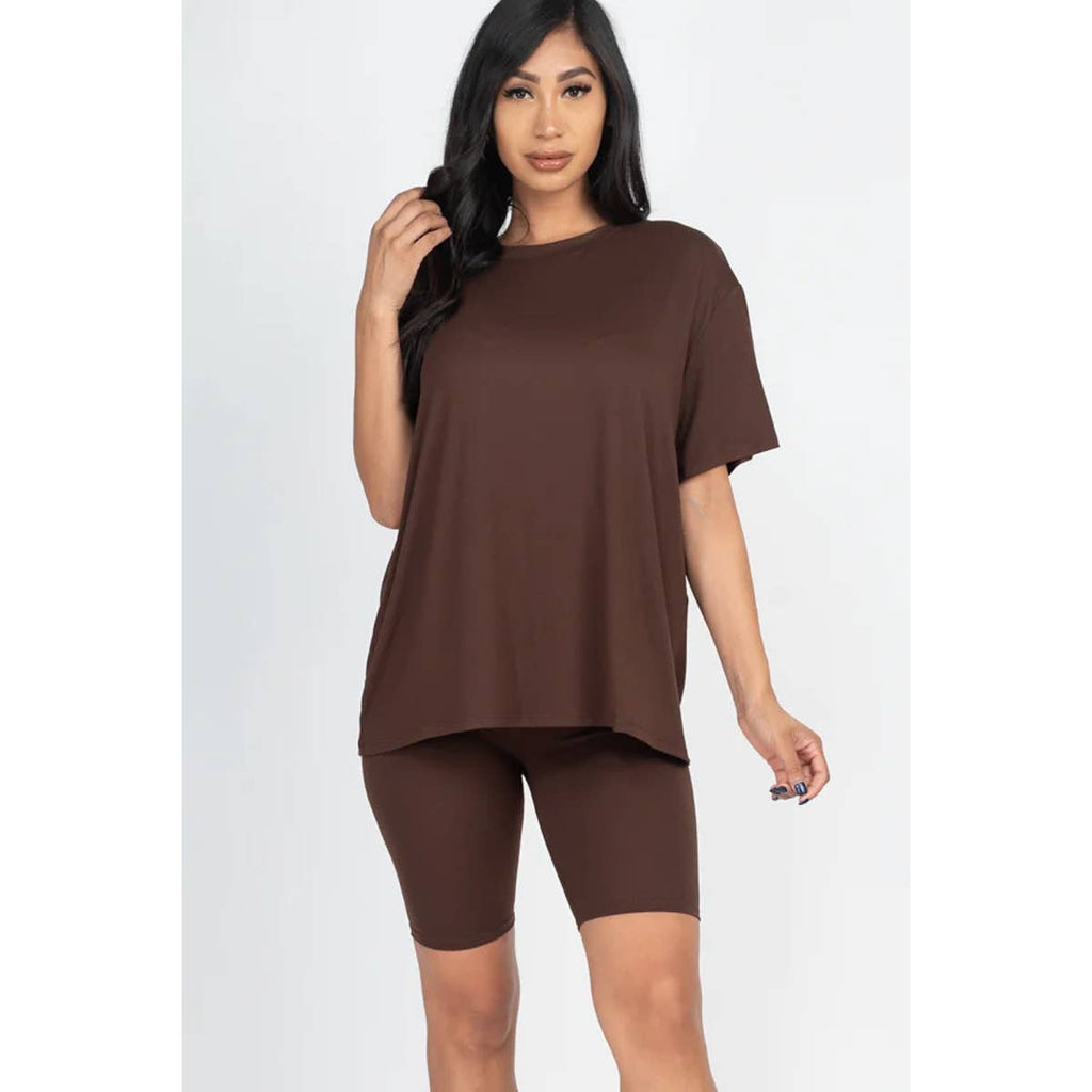 TWO PIECE TOP BIKER SHORTS SET: COFFEE / S-M-L(2-2-2)