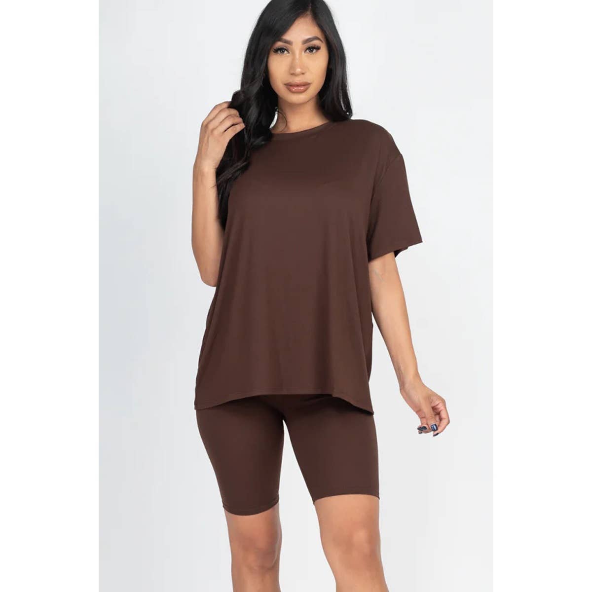 TWO PIECE TOP BIKER SHORTS SET: COFFEE / S-M-L(2-2-2)