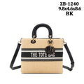 Zb-1240 - Woven Straw Rattan Wicker Square Handle Shoulder B: Black
