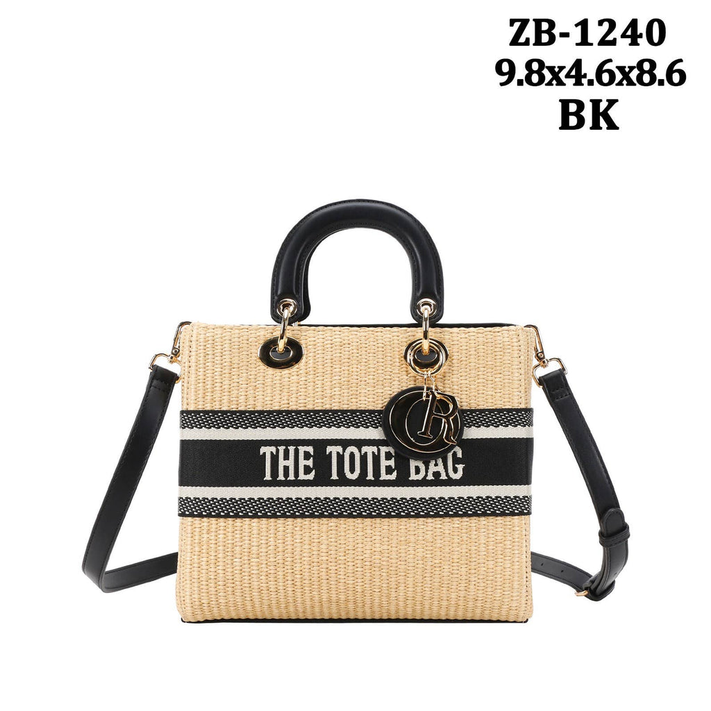 Zb-1240 - Woven Straw Rattan Wicker Square Handle Shoulder B: White