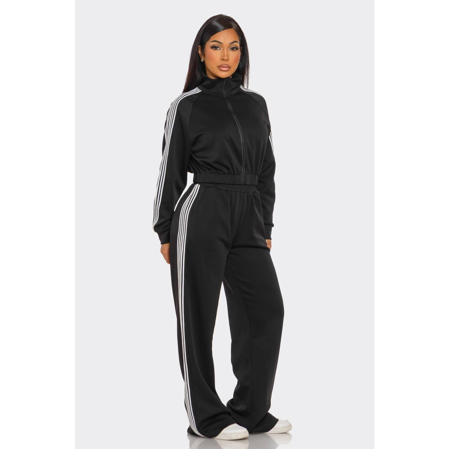 Side Striped Jacket and Track Pants Set: MOCHA / S-M-L(2-2-2)