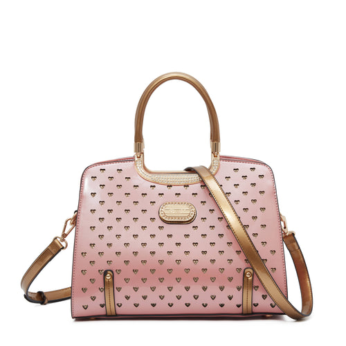 Brangio Italy Luxury Studded Leather Hearts Handbag: Black