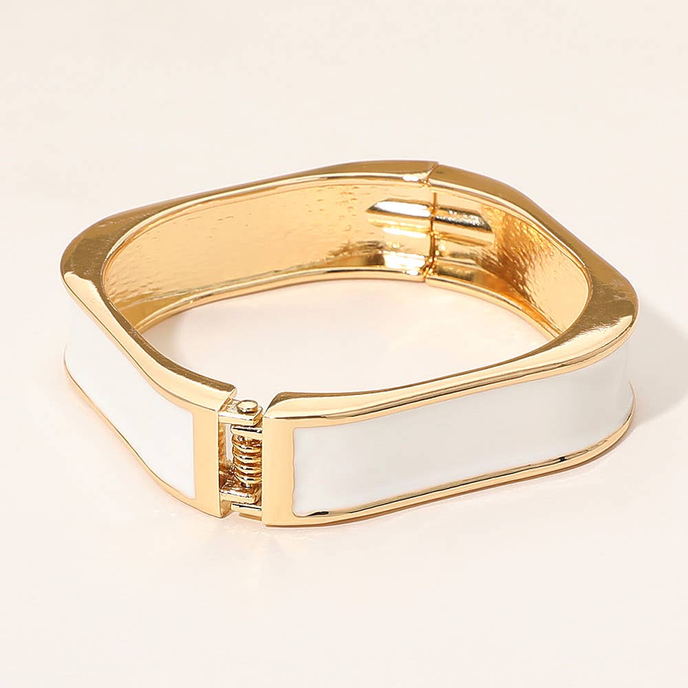Enamel Inlay Rectangular Hinged Bangle Bracelet: Gold,Pink