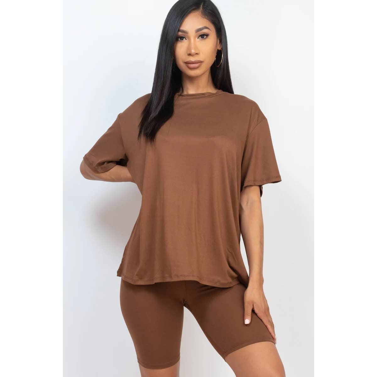 TWO PIECE TOP BIKER SHORTS SET: COFFEE / S-M-L(2-2-2)