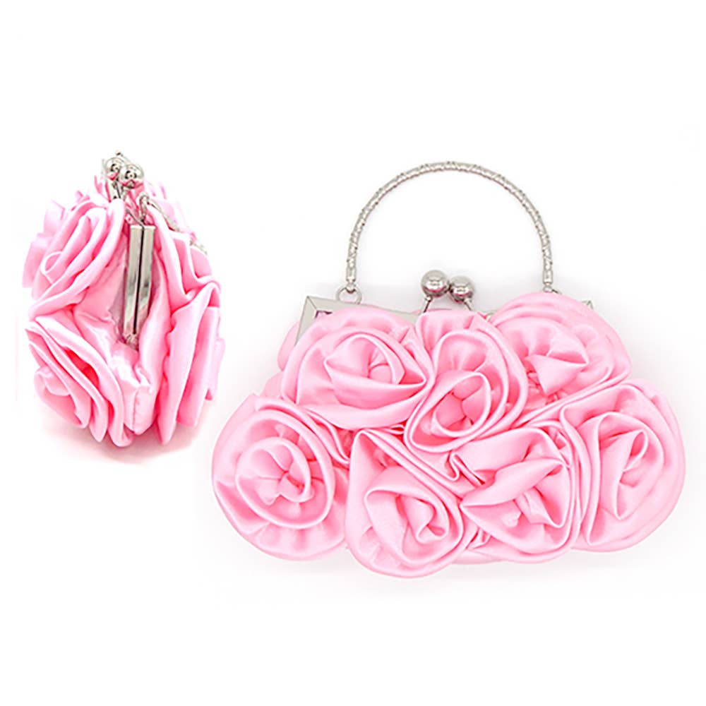 Floral Top Handle Evening Clutch Crossbody Bag: Pink