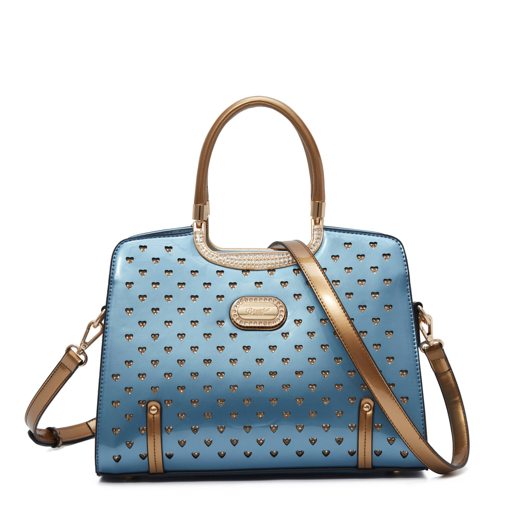 Brangio Italy Luxury Studded Leather Hearts Handbag: Light Blue