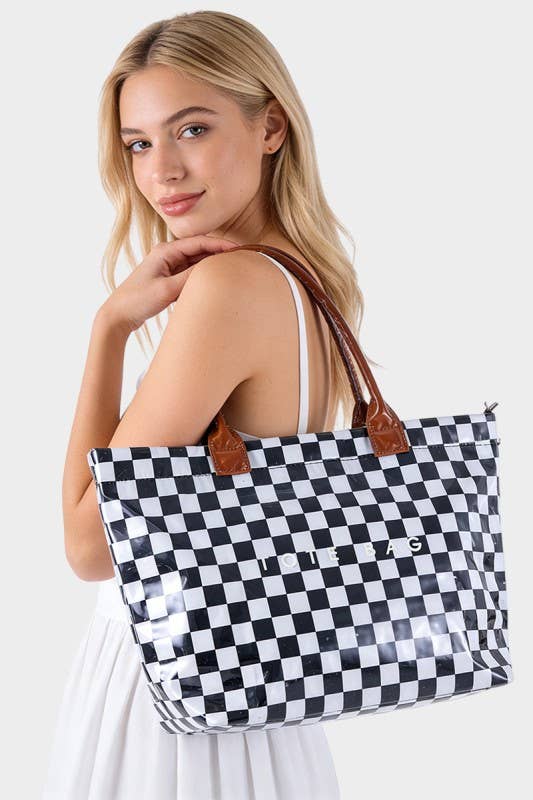 Pvc Kraft Checkered Tote Bag: HOT PINK / 1(ONE SIZE)