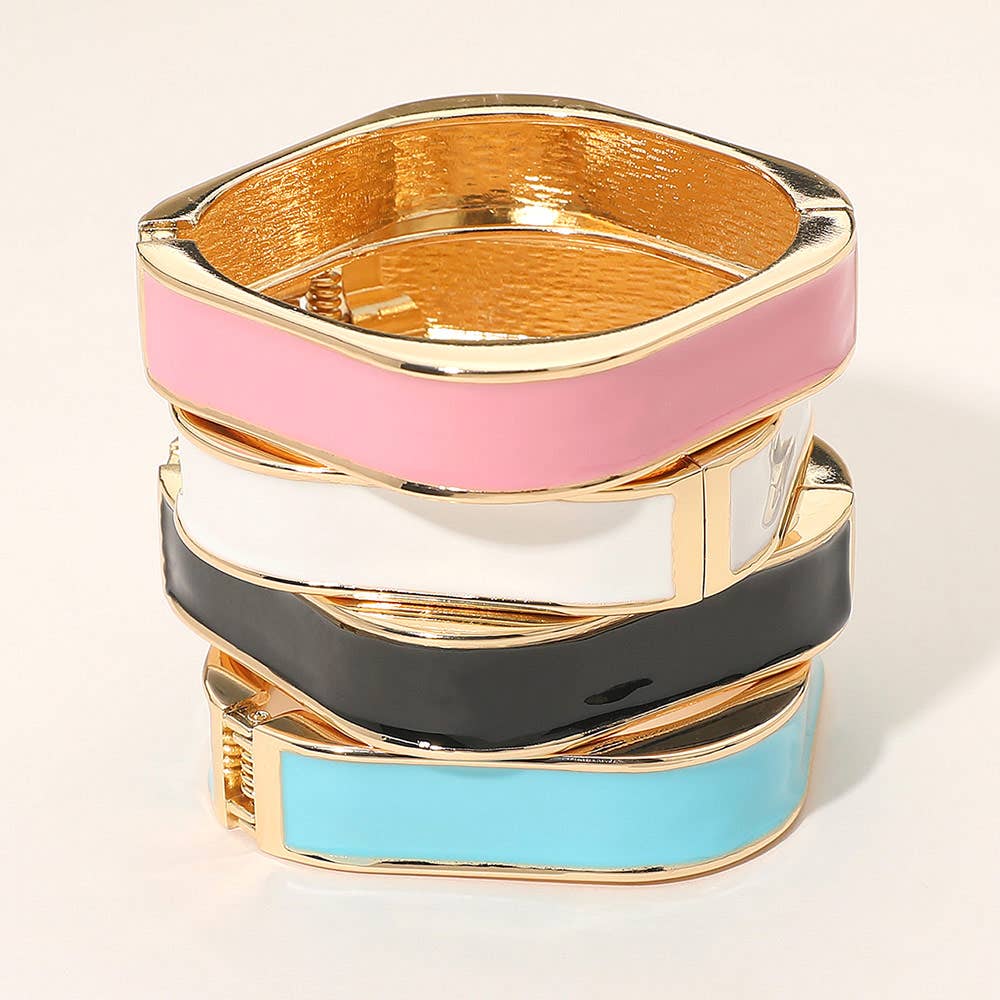 Enamel Inlay Rectangular Hinged Bangle Bracelet: Gold,Turquoise