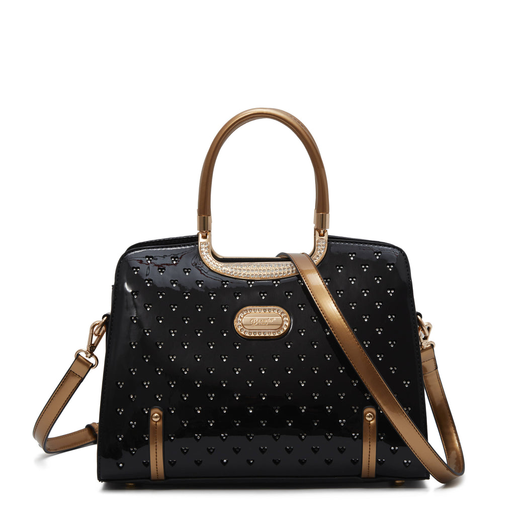 Brangio Italy Luxury Studded Leather Hearts Handbag: Black