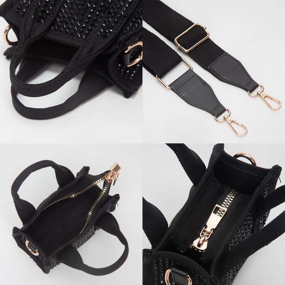 Rhinestone Studded Mini Top Handle Crossbody Bag: Black