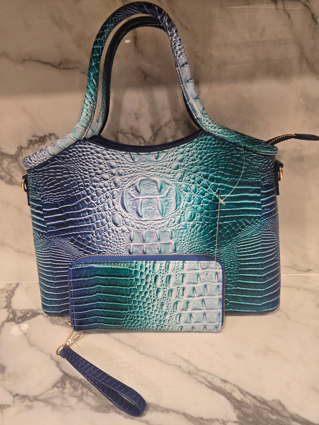 Crocodile Embossed Ombre Satchel Set come with wallet and shoulder strap