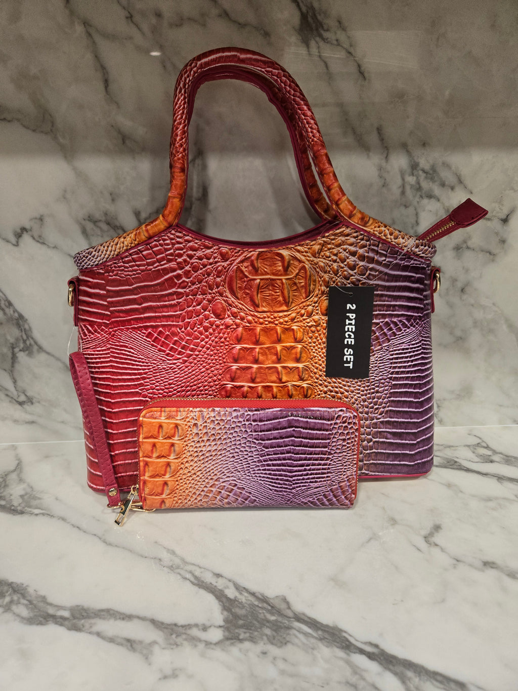 Crocodile Ombre Satchel set with wallet and shoulder strap