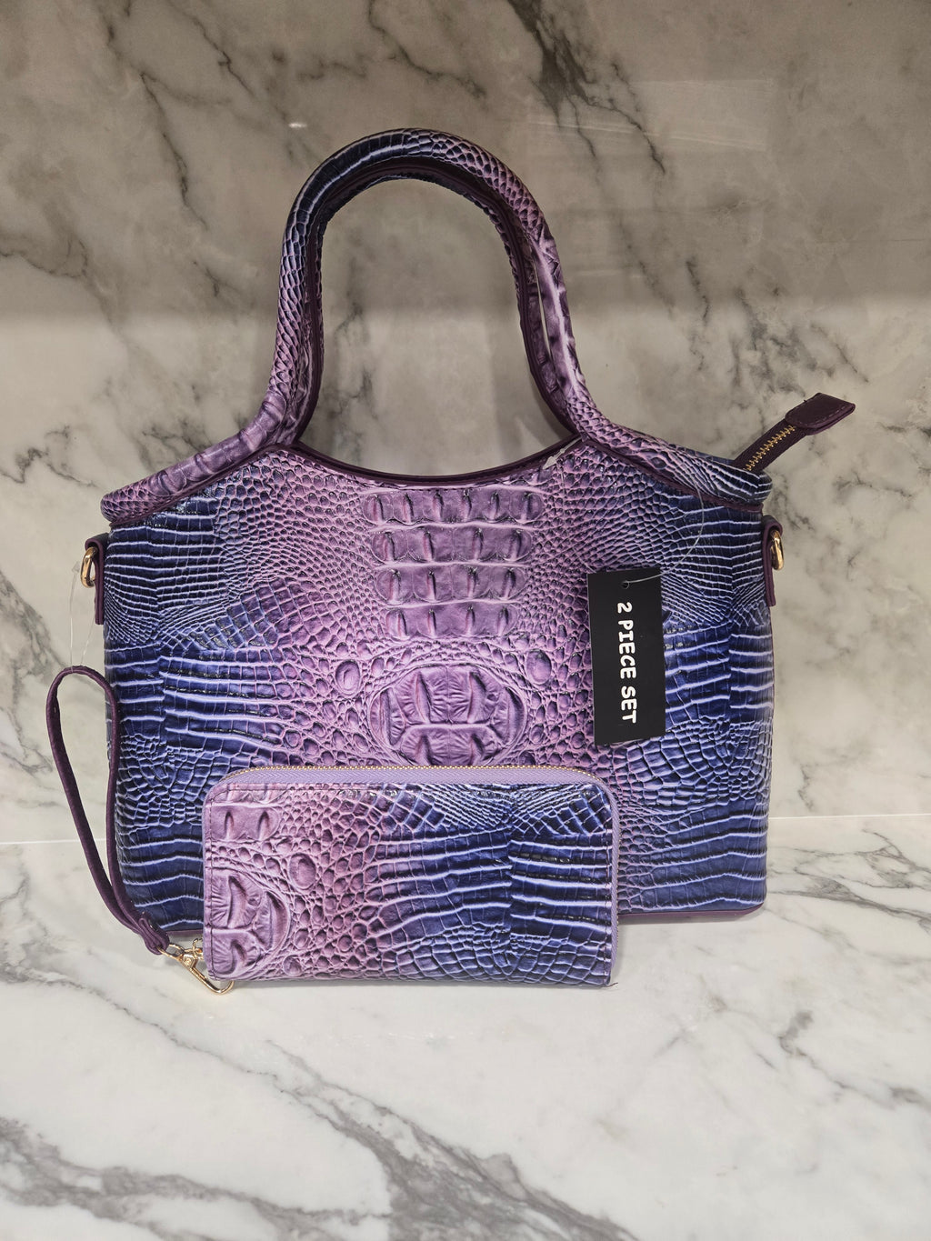 Crocodile Embossed Ombre Satchel set with wallet and shoulder Strap