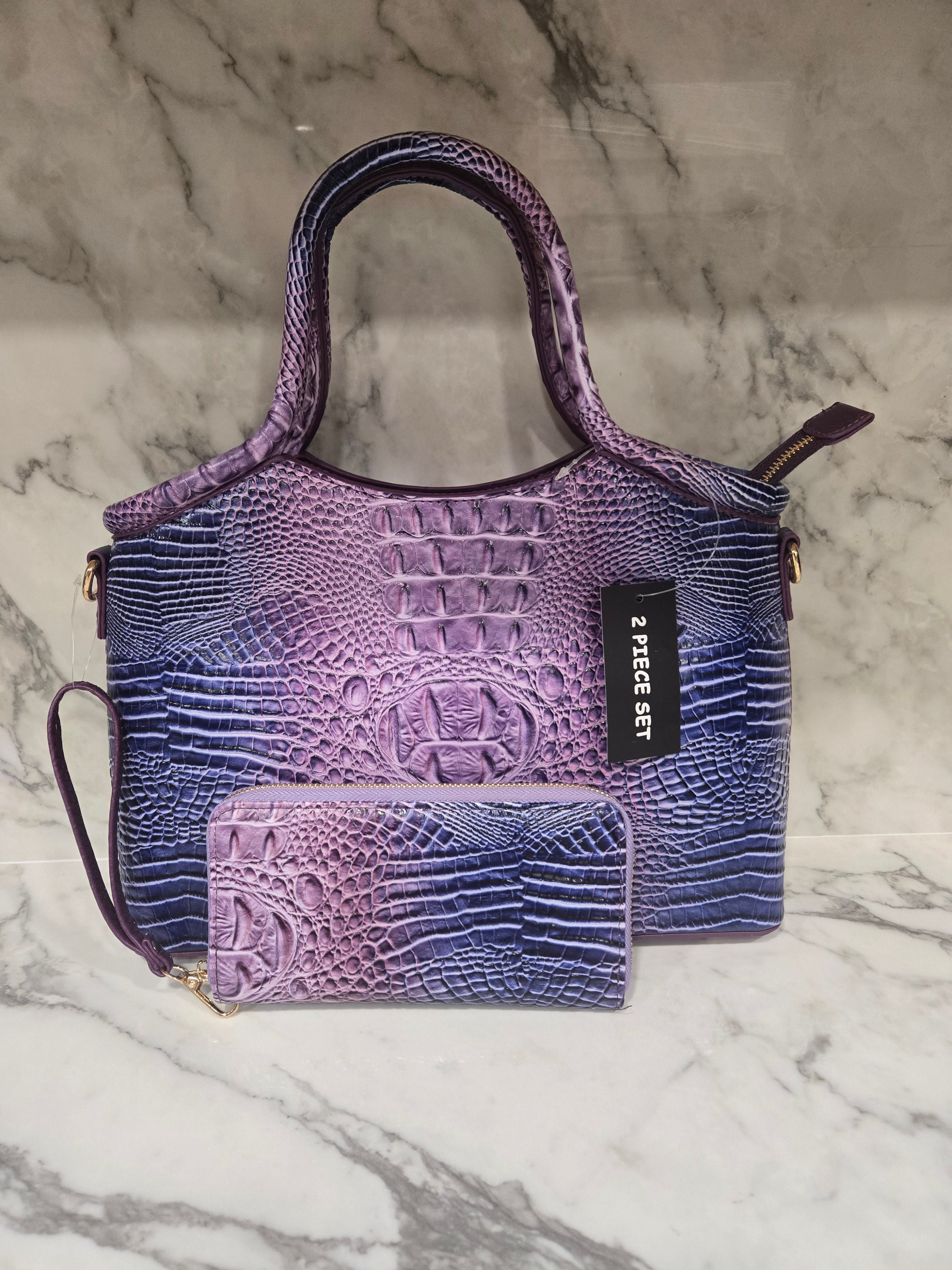 Crocodile Embossed Ombre Satchel set with wallet and shoulder Strap